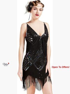 1920s Flapper Fringed Dress V Neck Sequin Beaded Midi Bodycon